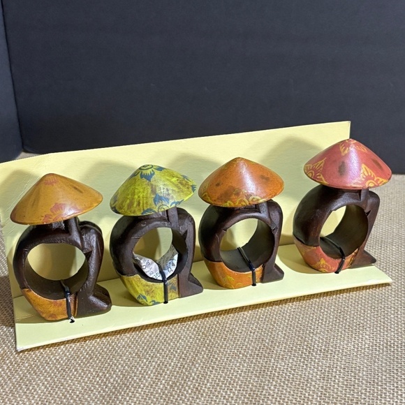 Pier ! Other - Pier 1 Imports Napkin Ring Holders Carved Wood Asian Hat Set Of‎ 4 New In Box